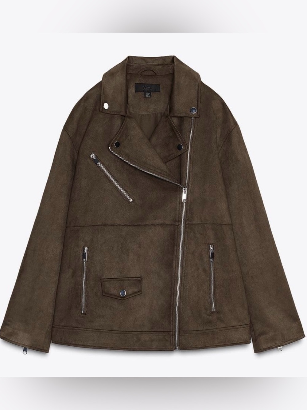 ZARA Faux Suede Biker Jacket – Khaki Brown – Size Large